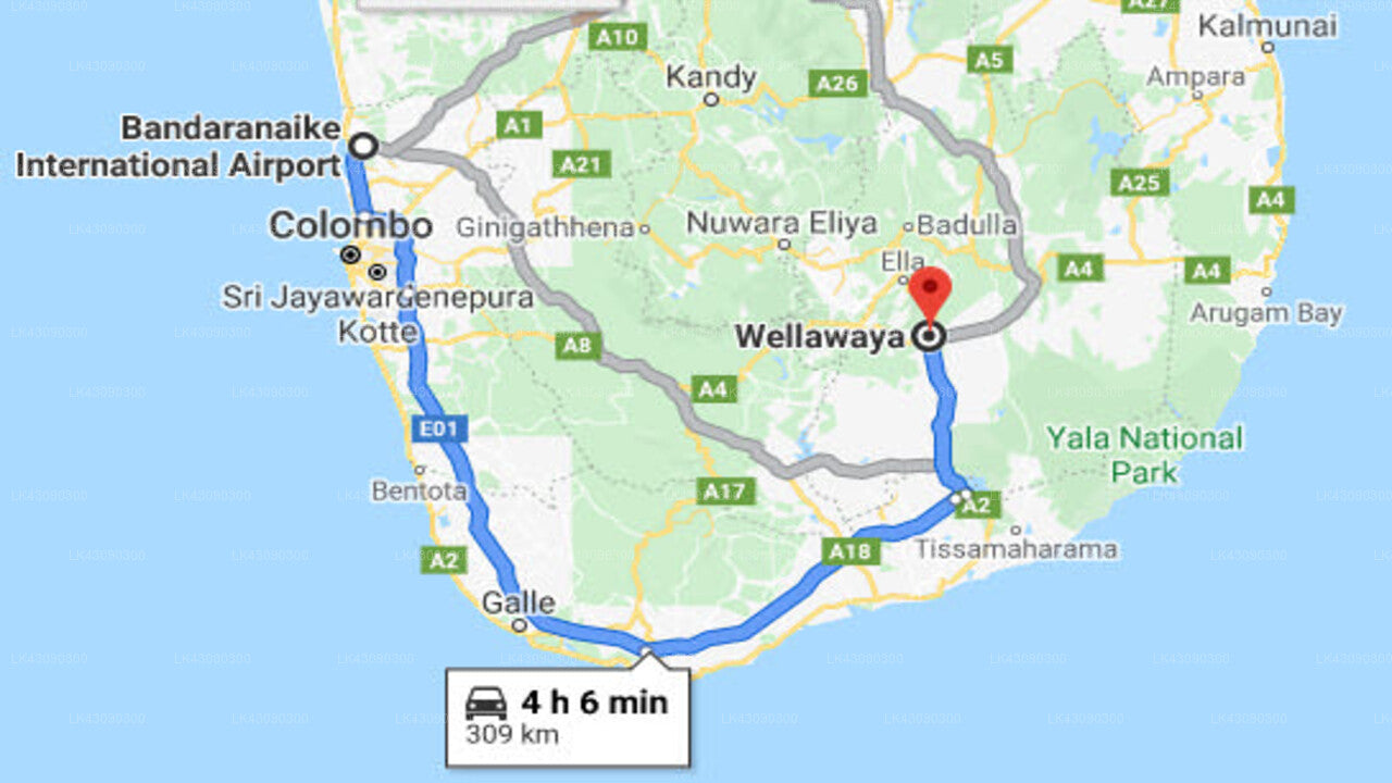 Transfer between Colombo Airport (CMB) and Little Rose Inn, Wellawaya