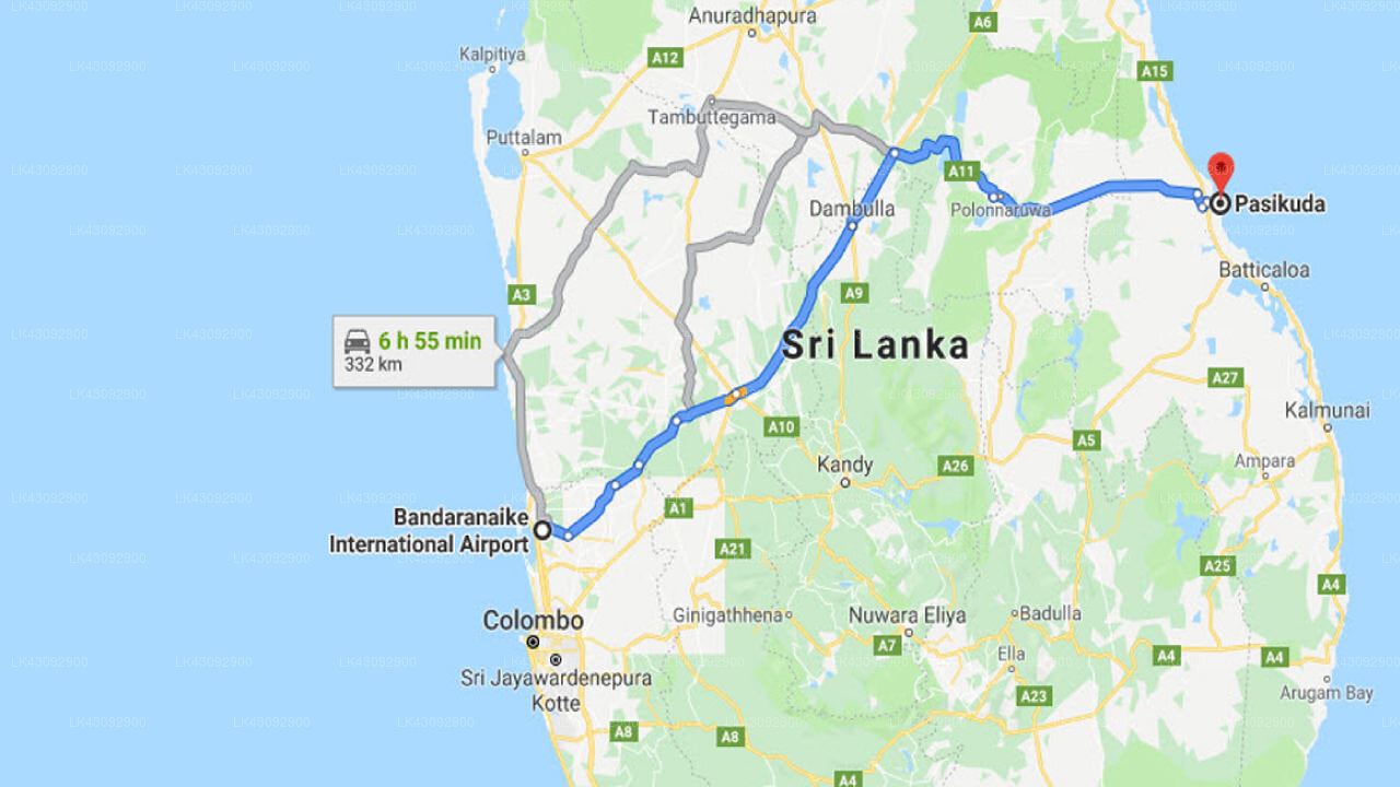 Transfer between Colombo (CMB) Airport and Maalu Maalu Resort and Spa, Pasikuda