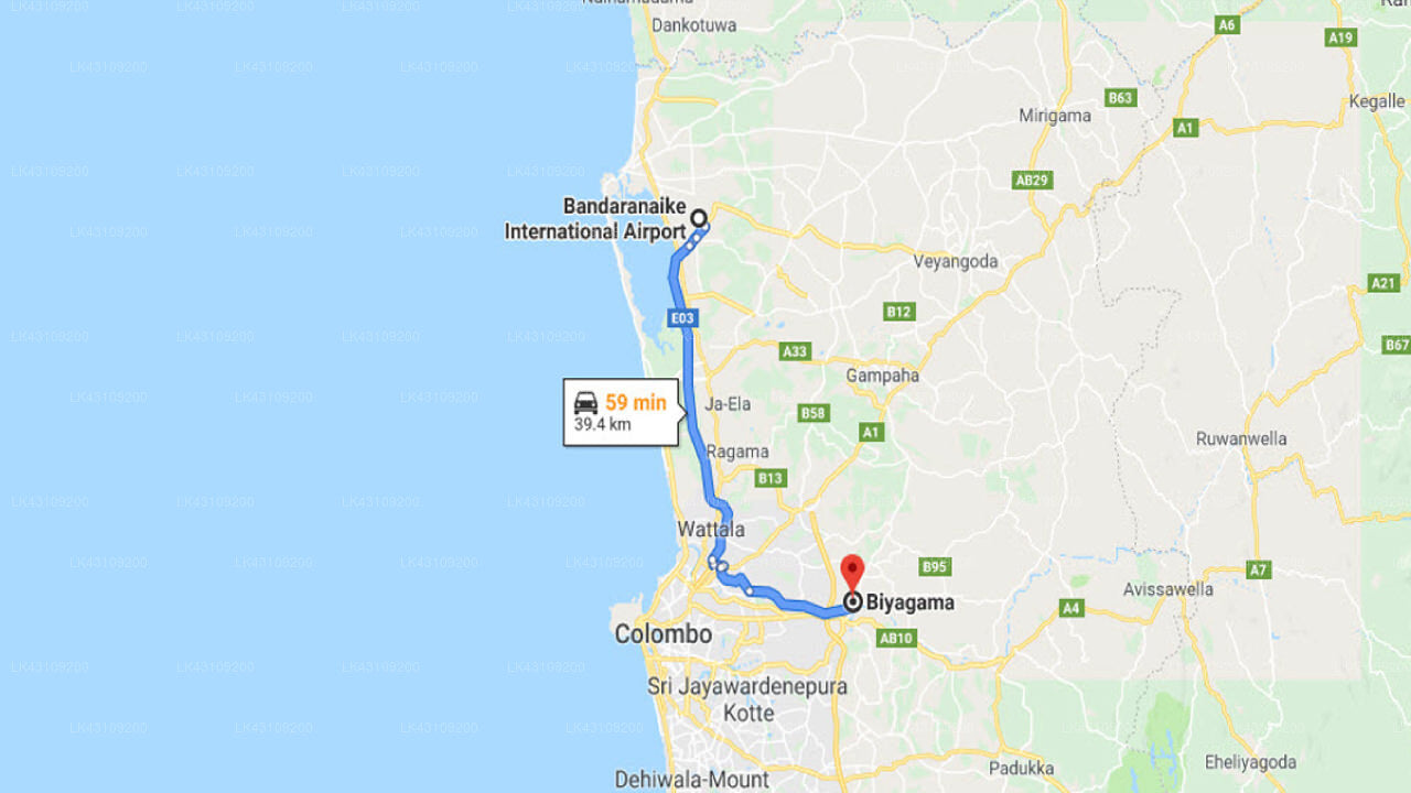 Transfer between Colombo Airport (CMB) and Dilruk Caterers, Biyagama