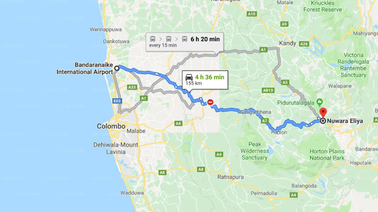 Transfer between Colombo Airport (CMB) and American Star Hotel, Nuwara Eliya