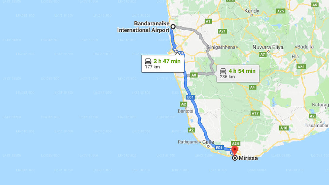 Transfer between Colombo Airport (CMB) and Stella Beach Villa, Mirissa