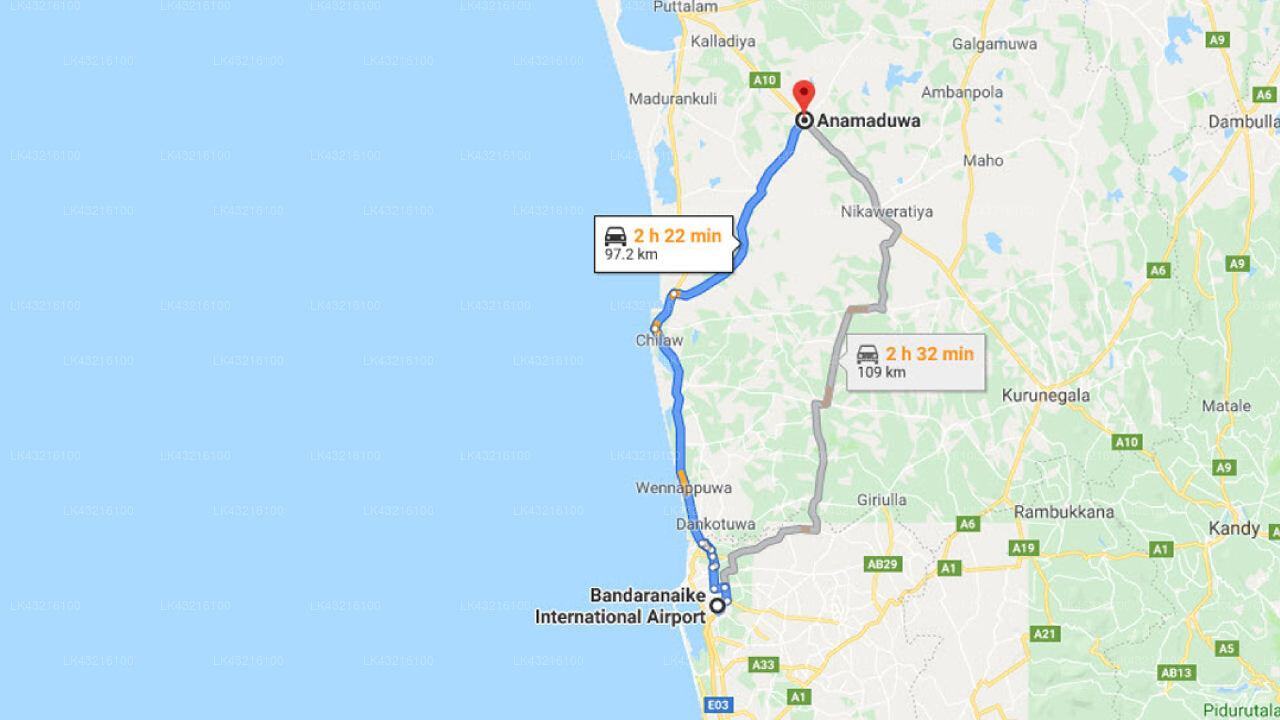 Transfer between Colombo Airport (CMB) and Cadjan earth, Anamaduwa