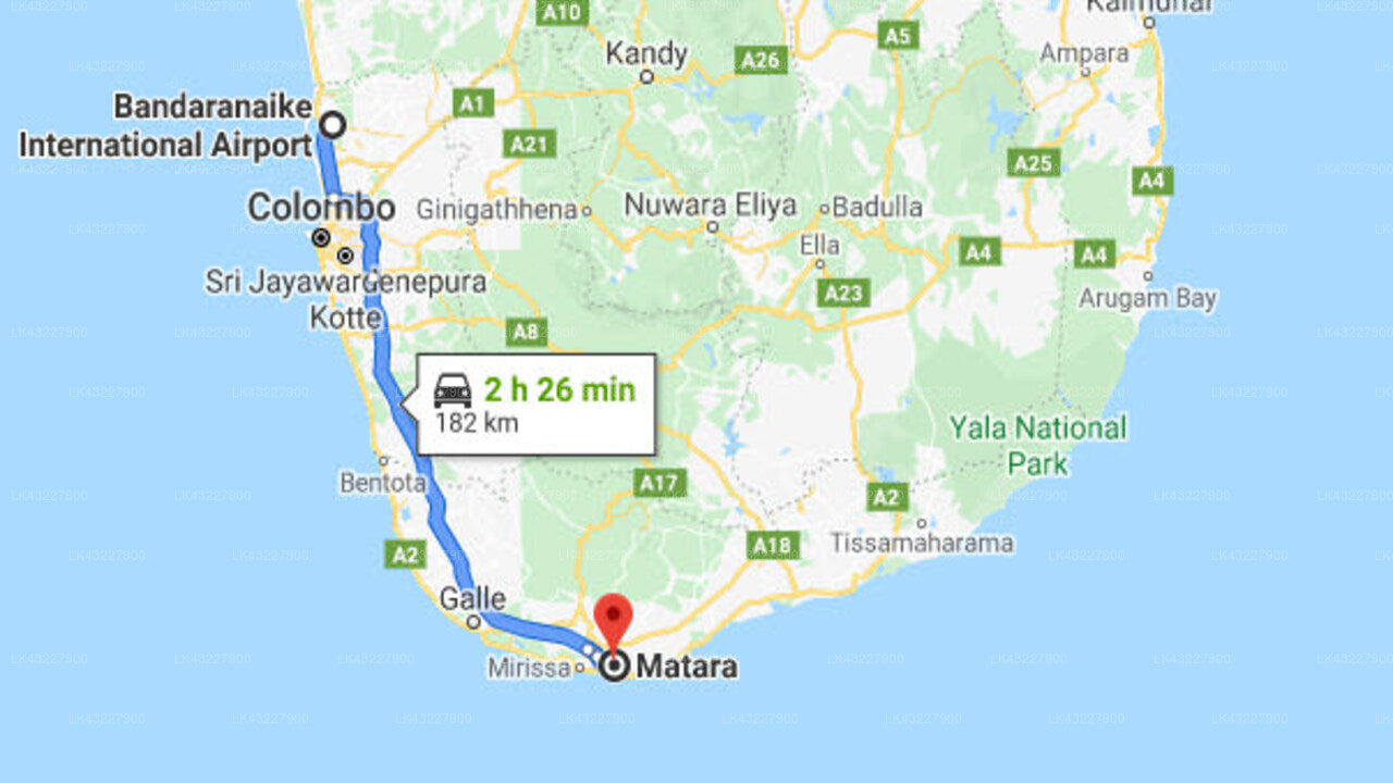 Transfer between Colombo Airport (CMB) and 3 Sisters, Matara