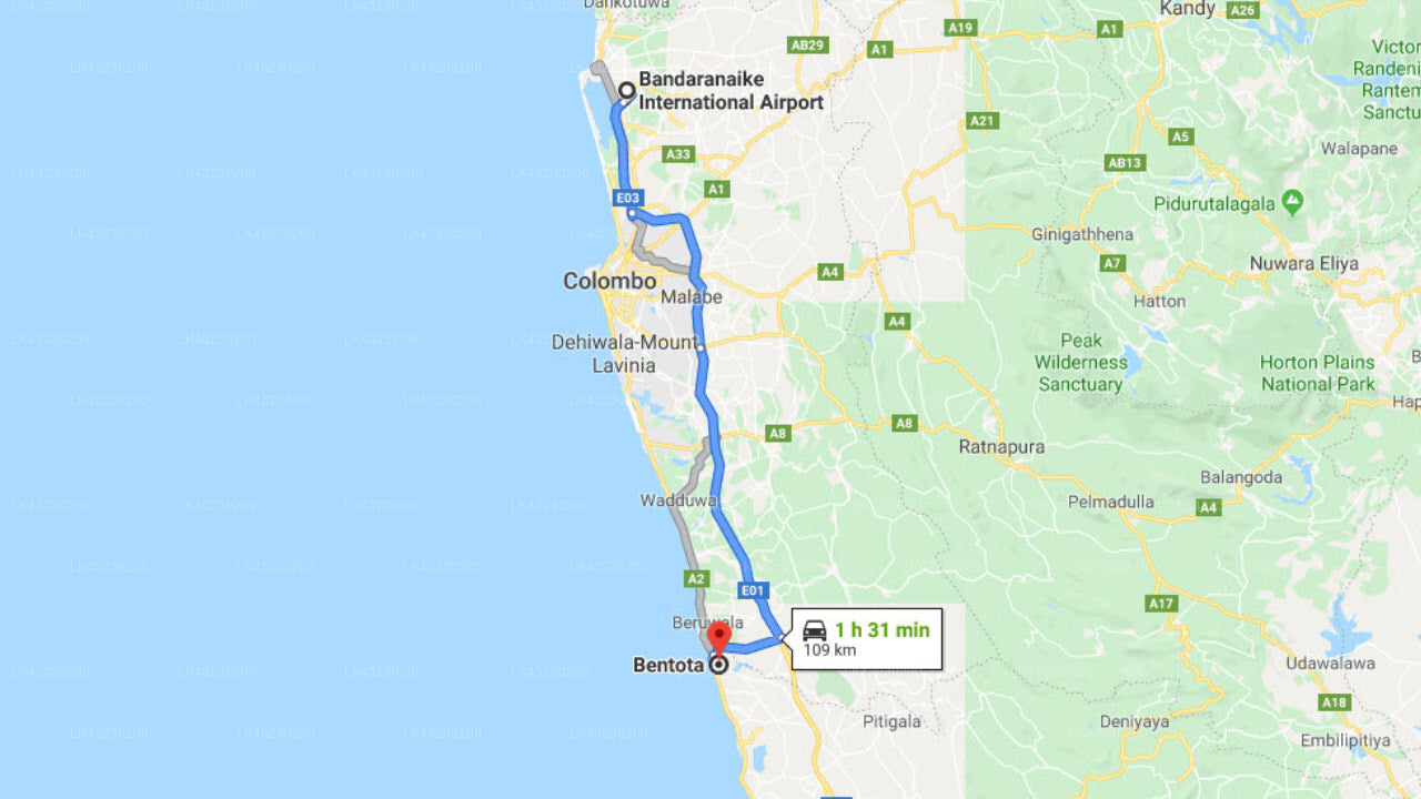 Transfer between Colombo Airport (CMB) and Riverside Araliya, Bentota