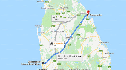 Transfer between Colombo Airport (CMB) and Sea Lagoon Beach Hotel, Trincomalee